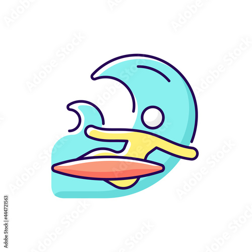 Backhand bottom turn in surfing RGB color icon. Isolated vector illustration. Performing fundamental manoeuvre. Surfer back facing wave. Backside turn. Full rotation simple filled line drawing