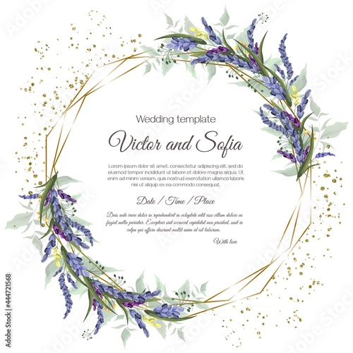 Floral vector template for wedding invitation. Lavender, green leaves, circular polygonal gold frame.