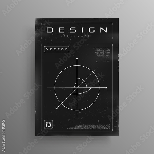 Retrofuturistic black and white poster with HUD elements. Cyber design with geometry 3D space in the form of a circle with three axes. Flyer template in vintage cyberpunk style. Vector