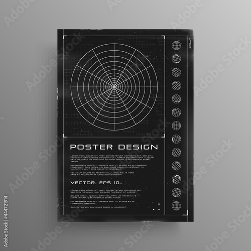 Retrofuturistic poster with HUD elements. Black and white poster design in cyberpunk style with a polar grid. Cover design template for music events. Vector