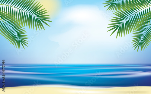 Summer Holiday Illustration with Green Plants  Blue Ocean and Sky Background. Summer Vector Design for Banner  Flyer  Invitation  Brochure