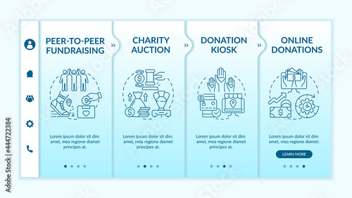 Raising money event ideas onboarding vector template. Responsive mobile website with icons. Web page walkthrough 4 step screens. Peer-to-peer fundraising color concept with linear illustrations