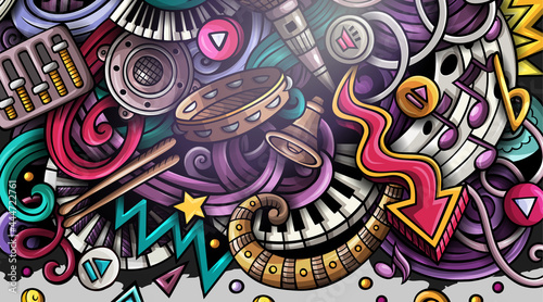 Music hand drawn doodle banner. Cartoon vector detailed flyer.