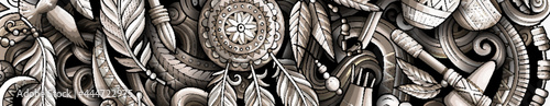 Native American hand drawn doodle banner. Cartoon vector detailed flyer. Illustration with ethnic objects and symbols. Graphics horizontal background