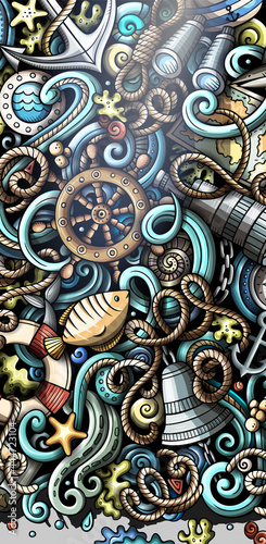 Nautical hand drawn doodle banner. Cartoon vector detailed flyer.