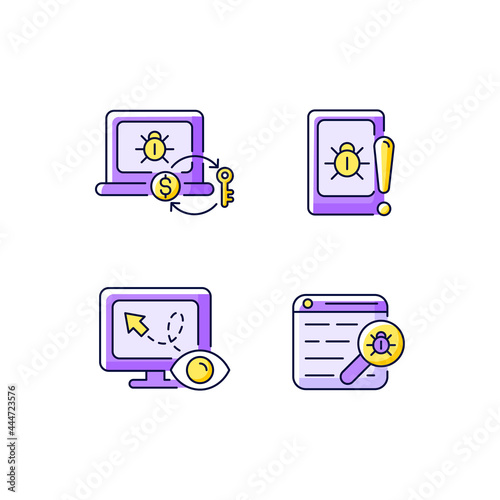 Internet censorship purple RGB color icons set. Ransomware. Cell phone bugging. Web bug. Location tracking. Isolated vector illustrations. Web beacon simple filled line drawings collection