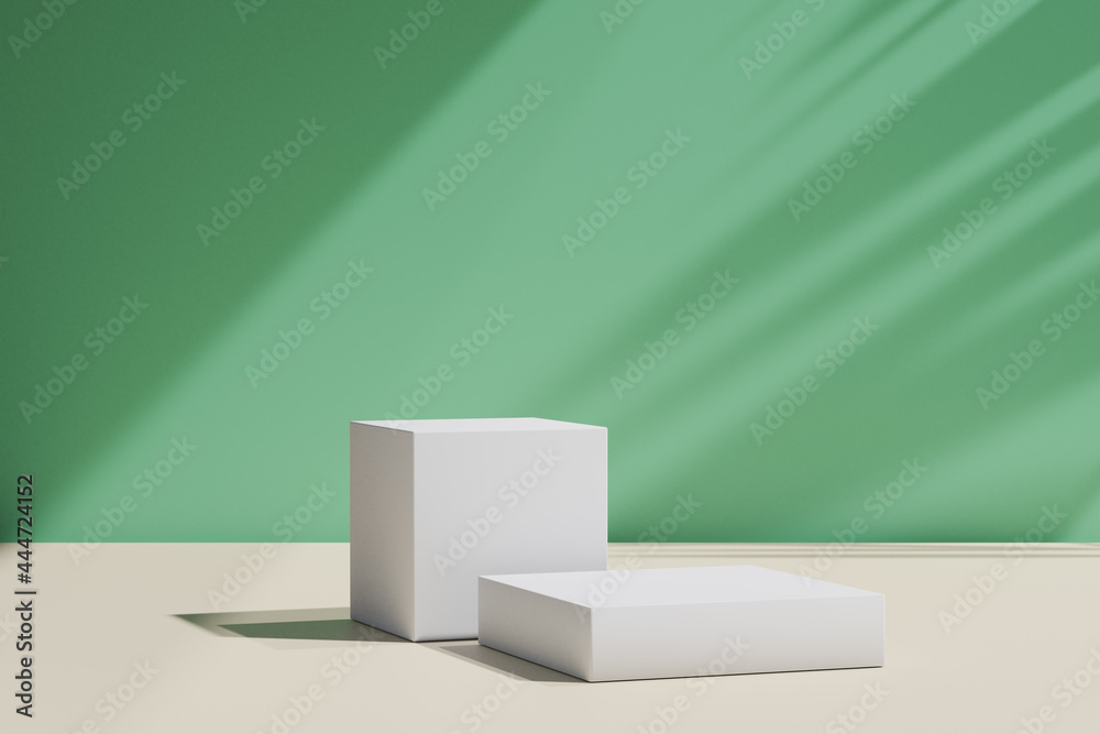 3D rendering background. Two box for place products on green wall with sun light shadow. 3D rendering background. Two box for place products on green wall with sun light shadow.