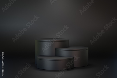 3D rendering dark background. Three step black cylinder stage podium on black background. Image for presentation.