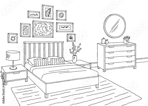 Bedroom graphic black white home interior sketch illustration vector 