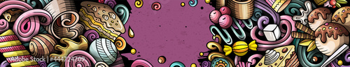 Desserts hand drawn doodle banner. Cartoon vector detailed flyer. Illustration with sweets objects and symbols. Colorful horizontal background