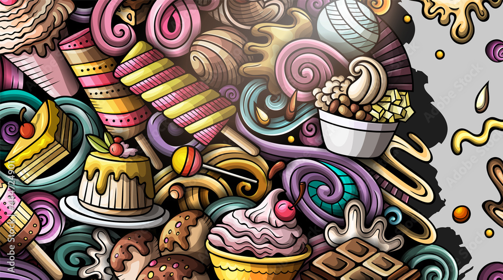 Desserts hand drawn doodle banner. Cartoon vector detailed flyer.