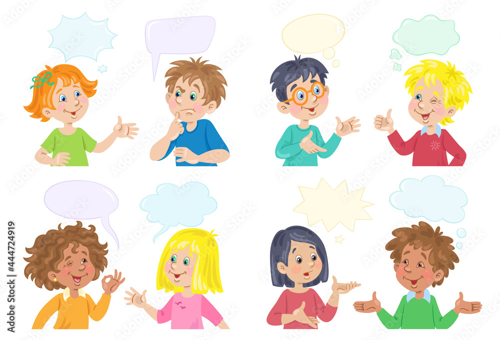 Dialogues of children with different skin and hair colors. Vector illustration with speech bubbles. Place for your text. In cartoon style. Isolated on white background. Dialogues of children with different skin and hair colors. Vector illustration with speech bubbles. Place for your text. In cartoon style. Isolated on white background.