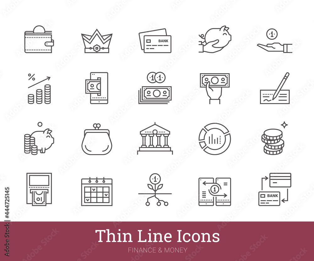 Fototapeta premium Money, banking, payments, finance thin line vector icons set. Money making, savings, crediting, online transactions, accounting linear pictograms. Isolated on white background. Editable strokes.