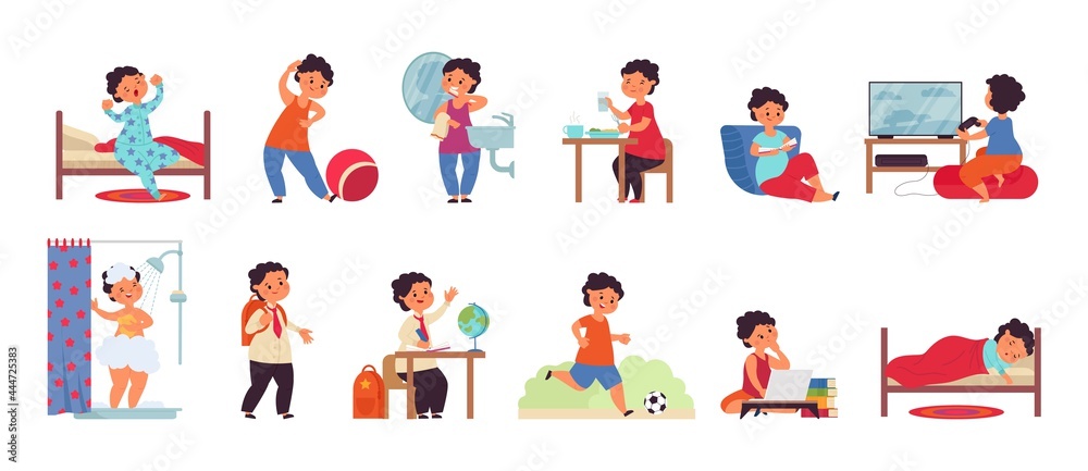 Boy daily activities. Activity child, day schedule young guy. Isolated active kid morning, hygiene and study. Person routine decent vector scenes