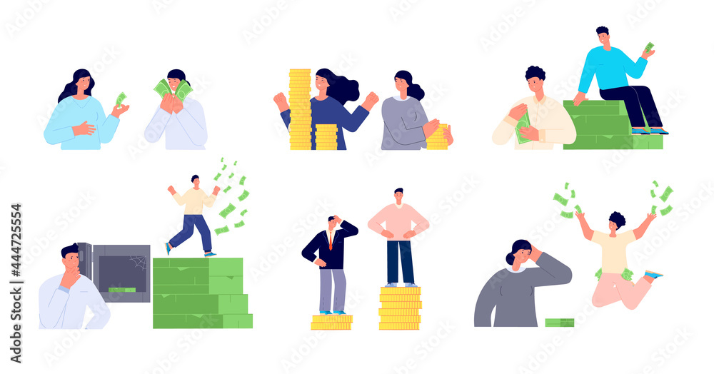 Wage inequality. Woman man salary gap, corporate working. Businesswoman compare pay. Income coins money, flat finance growth utter vector set
