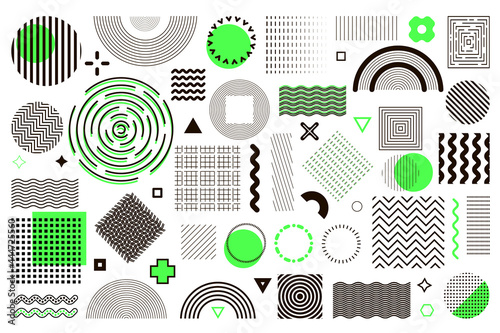 Set of 55 vector geometric shapes. Elements for web flyers banner poster or flyer for sale Collection of retro shapes, vintage decor. halftone and color spots with graphics. vector stock  illustration