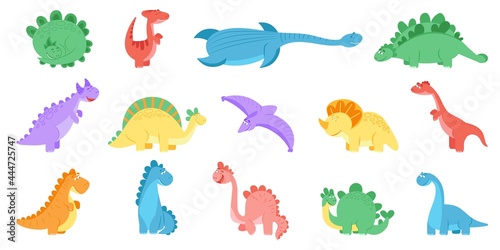 Funny dinosaurs. Colourful dinosaur print, dino cute for kids. Isolated cartoon prehistoric animals. Girls boys stegosaurus decent vector characters