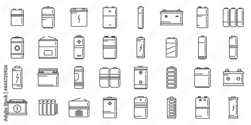 Recharge battery icons set outline vector. Power charger Recharge battery icons set outline vector. Power charger