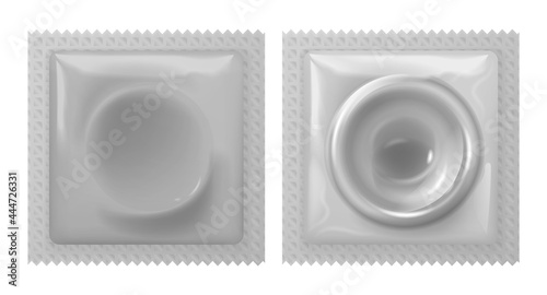 Realistic condom in pack. Latex contraceptive for man penis. Condoms package isolated vector illustration