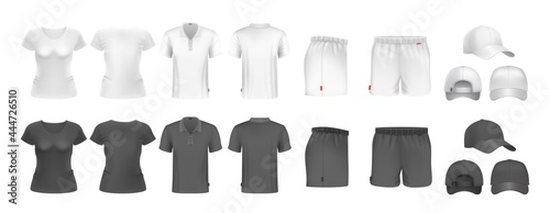 Realistic sport uniform mockup. Male female t-shirt shorts and caps. Black and white sportsmen wear. Isolated undershirt and underpants vector set