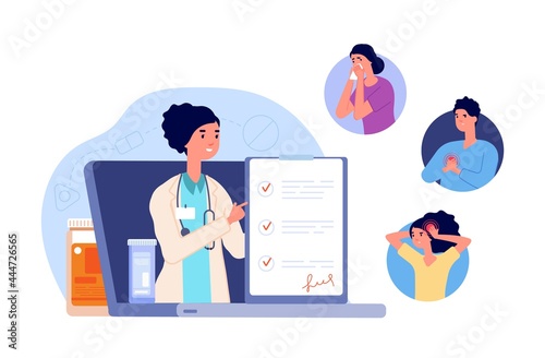 Telemedicine. Online consultation, web medical professional and insurance. People with pain call to doctor vector concept