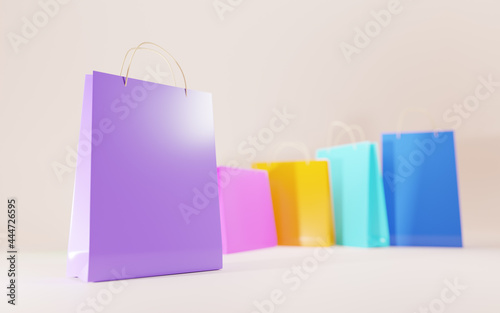 Colorful shopping bags, gift packages with handles, blank rectangular and square elegant packs for carry or takeaway, present packaging for branding and corporate identity design. Realistic 3d set