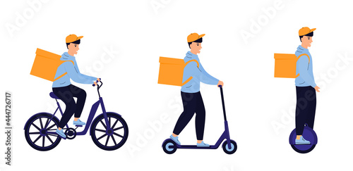 Delivery man delivers food by electric bike, scooter, monowheel isolated on white background. Eco transport. Transportation and green vehicle.