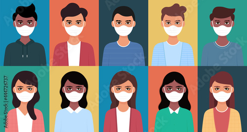Set of man and woman wearing medical mask in flat illustration style.
