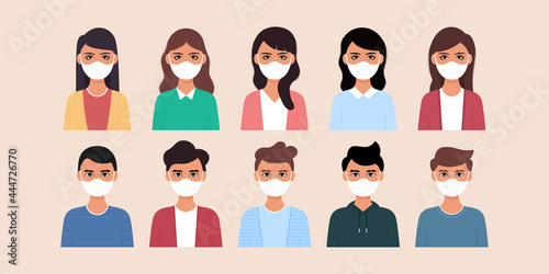 Set of man and woman wearing medical mask in flat illustration style.