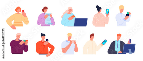 People with payments. Gift cards, person pays plastic card or smartphone. Mobile pay, customer holding bill or check utter vector characters