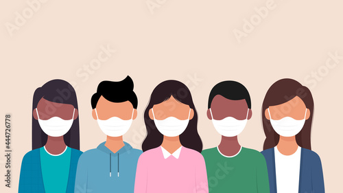 Group of people wearing medical masks to prevent corona virus,world pollution.Vector illustration
