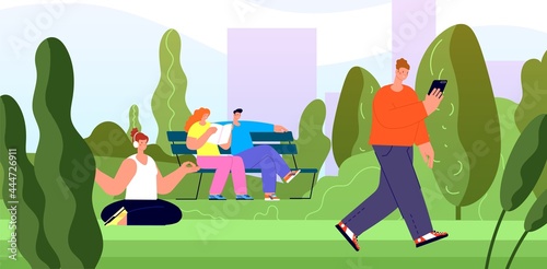 People rest in city park. Young girls walk, summer outdoor recreation. Town green area, nature trail in urban landscape utter vector illustration