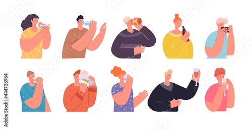 People with drinks. Teens drink, friends holding juice water or wine. Person drinking beverages, isolated party lifestyle utter vector characters
