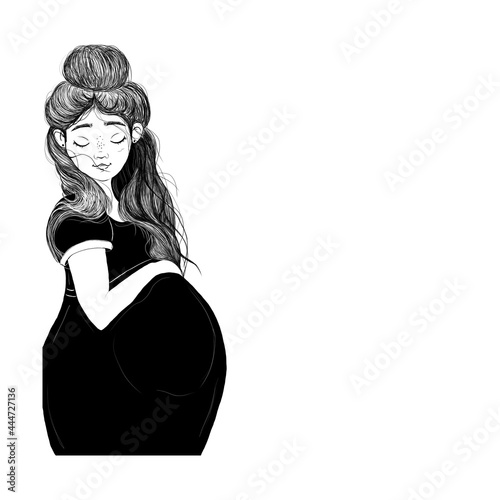 Pregnant woman isolated on white background. Concept illustration of pregnancy and motherhood modern banner. Beautiful pregnant woman with long hair and place for text.