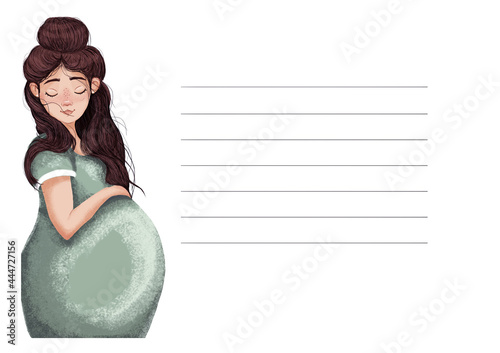 Pregnant woman isolated on white background. Concept illustration of pregnancy and motherhood modern banner. Beautiful pregnant woman with long hair and place for text.