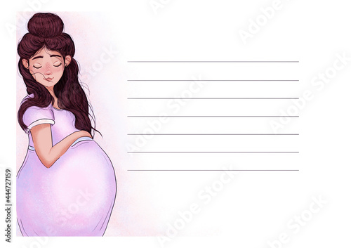 Pregnant woman isolated on white background. Concept illustration of pregnancy and motherhood modern banner. Beautiful pregnant woman with long hair and place for text.