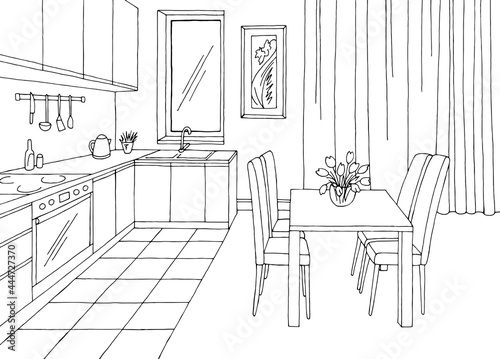 Kitchen room graphic black white home interior sketch illustration vector 