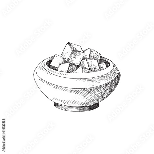 Hand drawn bowl full of sugar cubes engraving vector illustration isolated.