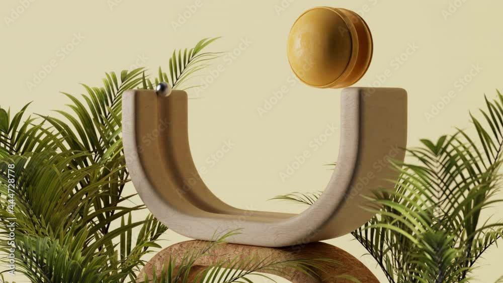 Modern looking 3d loopable render with rolling elements and plants with little bokeh effect. Realistic 3d render.