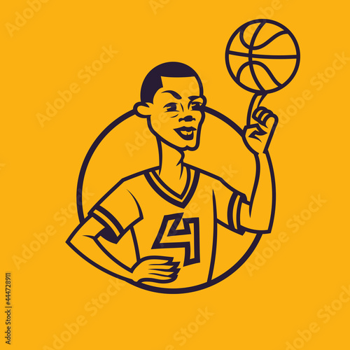 Man spinning ball on his finger. Basketball concept art in monochrome style.