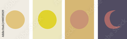 A collection of minimalistic contemporary art landscapes: morning (sunrise), afternoon, evening (sunset) and night. Sun and moon in different colors