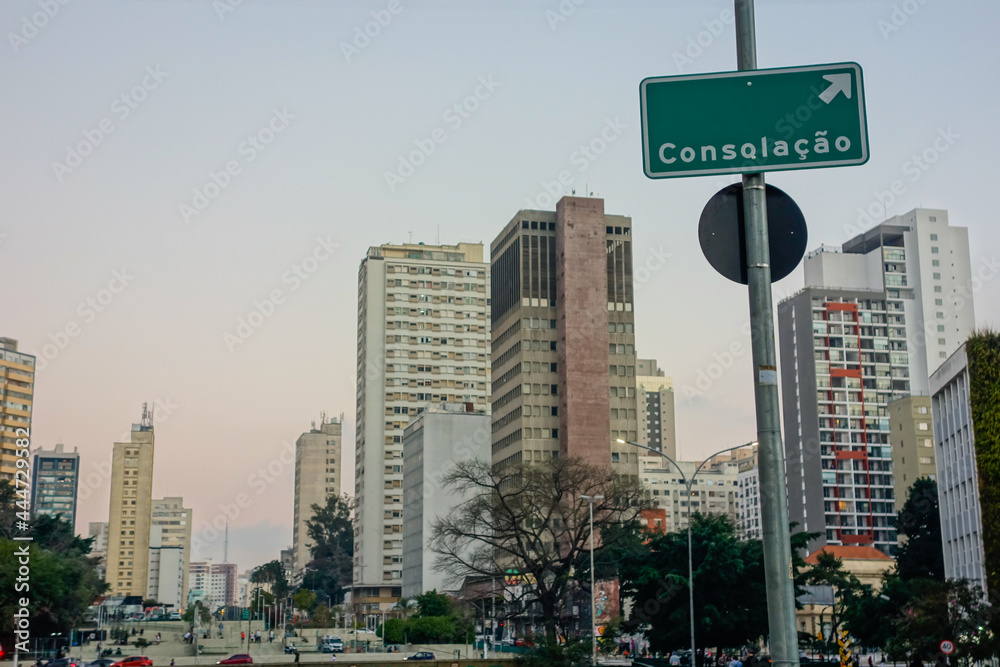 Consolacao street plaque and city buildings in Sao Paulo, brazil Consolacao street plaque and city buildings in Sao Paulo, brazil
