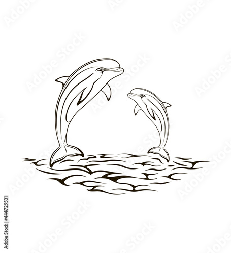 Stylized creative vector illustration of a dolphins tattoo on waves. In tribal style on a black and white background