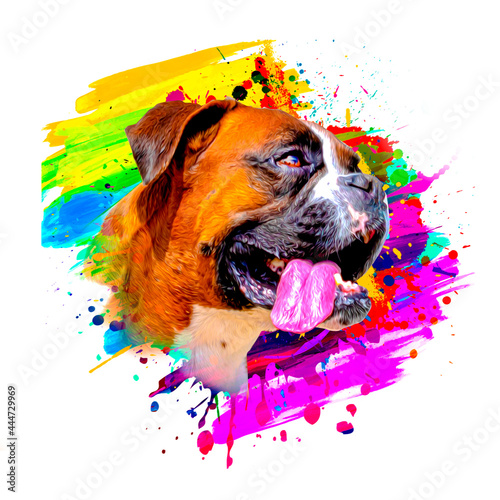 boxer dog head with creative colorful abstract elements on background