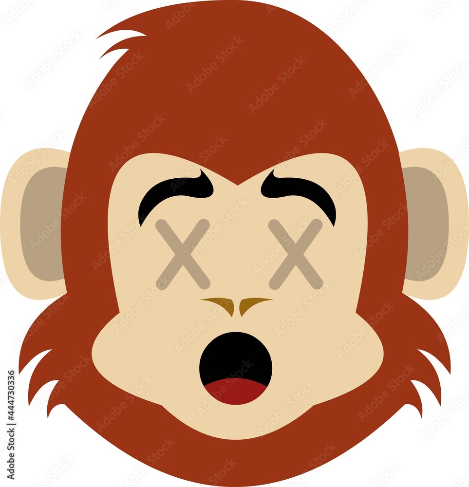 Vector emoticon illustration of the face of a monkey or chimpanzee cartoon with crosses in the eyes, death concept Vector emoticon illustration of the face of a monkey or chimpanzee cartoon with crosses in the eyes, death concept