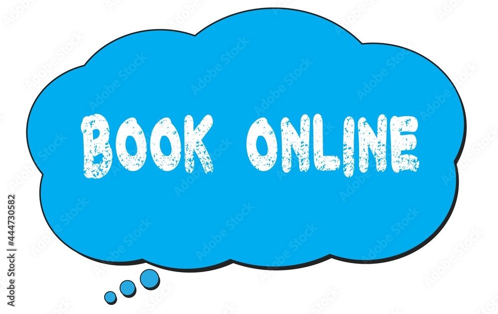BOOK  ONLINE text written on a blue thought bubble.