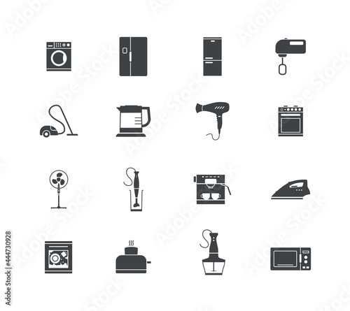 Black filled Electric household appliances icons set.