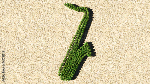 Photography Concept or conceptual group of green forest tree on dry ground background, sign of saxophone