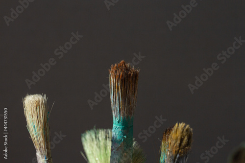 Dirty Paint brushes closeup on gray background
