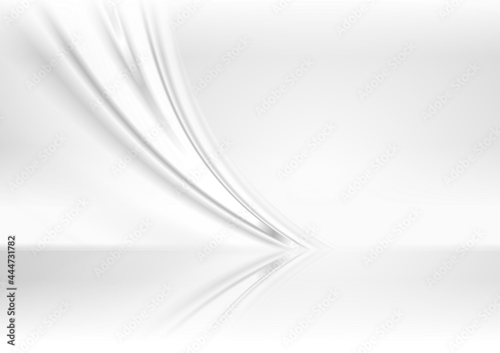 Grey and white smooth wave abstract tech background with reflection. Vector futuristic light design